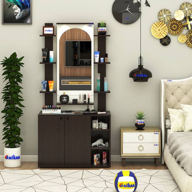 ANIKAA Venza Wall-Mounted Mirror with LED Light Shelf & Makeup Vanity Cabinet Storage Engineered Wood Dressing Table