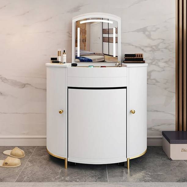 KDINTERIORS Modern White Lighting Makeup Vanity Table with Flip Top Mirror Engineered Wood Dressing Table