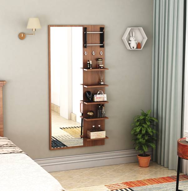 FURNIFINE Wall Mirror with Shelves & Hooks | Wall Mounted Dressing Table | Engineered Wood Dressing Table