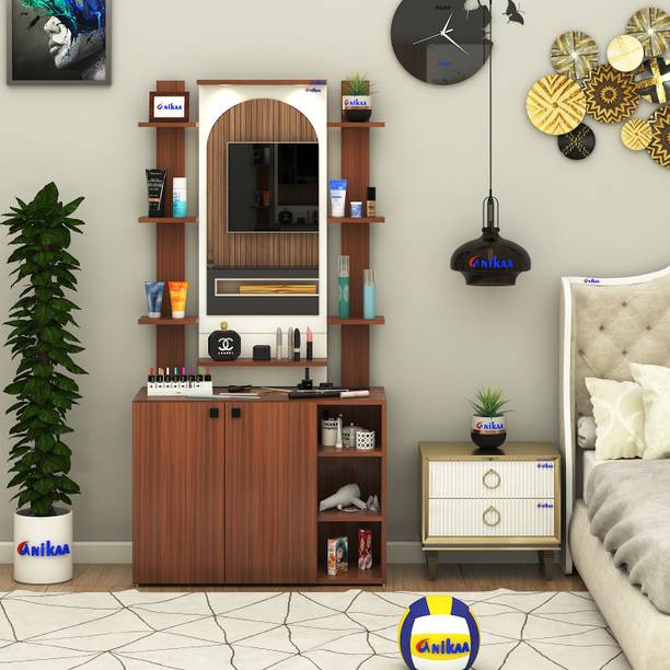 ANIKAA Venza Wall-Mounted Mirror with LED Light Shelf & Makeup Vanity Cabinet Storage Engineered Wood Dressing Table