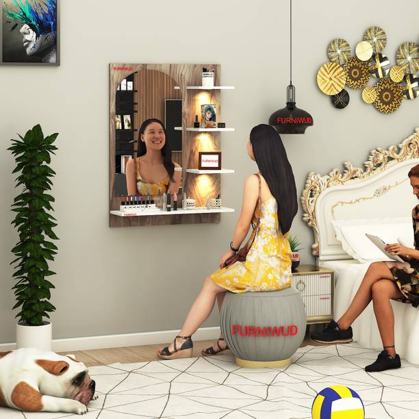 FURNIWUD MIRRANO Modern Design Wall-Mounted Makeup Vanity Mirror with LED Light & Shelves Engineered Wood Dressing Table