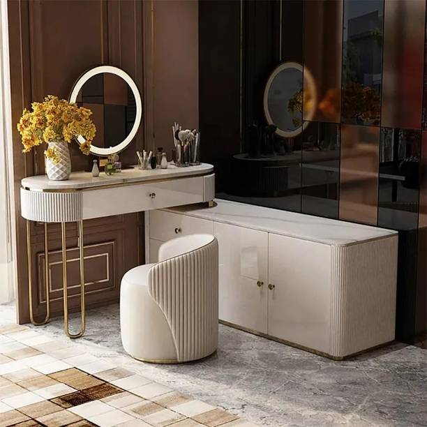 NG Decor Oboval Modern Marble Top Makeup Vanity Dressing Table with Corner Cabinet Engineered Wood Dressing Table