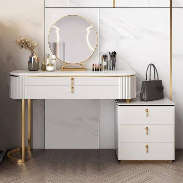 NG Decor Pewter Modern 5-Drawer White Makeup Vanity Table Mirror & Side Cabinet Included Engineered Wood Dressing Table