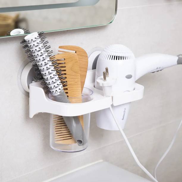 KUBER INDUSTRIES Self Adhesive Hair Dryer Holder for Barbershop-Bathroom-Bedroom|1332|White| Wall Mounted Dryer Holder