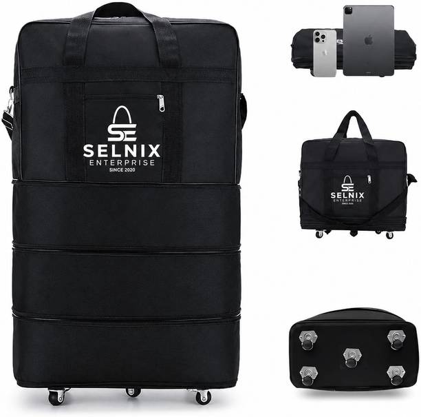 50 L Strolley Duffel Bag - 3 Layer Nylon Duffle Bags/Convertible Travel Luggage with Wheels Duffel - Black - Regular Capacity