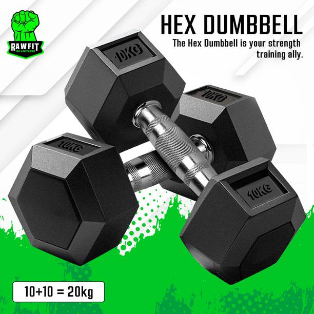 RAWFIT Rubber Coated Hexa Dumbbell Set For Men & Women| 10 KG Pair Fixed Weight Dumbbell