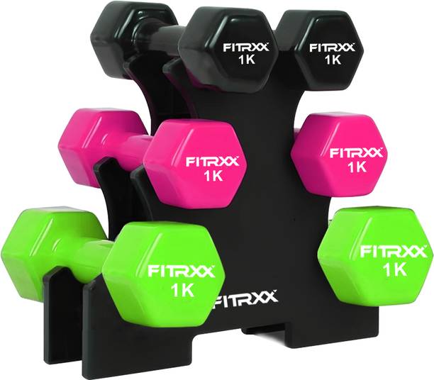 FITRXX Vinyl Dumbbells With Stand | Multicolor, (Multicolor 1 kg, 1 kg, 1 kg = 6 Kg) Fixed Weight Dumbbell