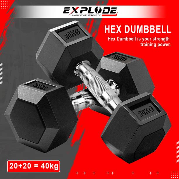 Explode Rubber Coated Hexa Dumbbell Set For Men & Women 20 Kg Pair Fixed Weight Dumbbell