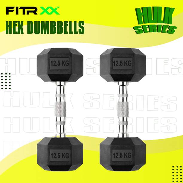 FITRXX Hex Rubber Coated Professional Exercise Gym Dumbbell Hulk Series 12.5kg pair Fixed Weight Dumbbell