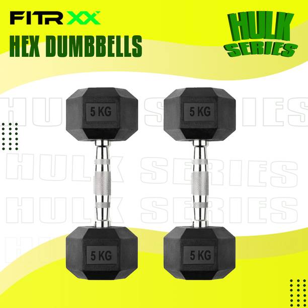 FITRXX Hex Rubber Coated Professional Exercise Gym Dumbbell Hulk Series 5 kg pair Fixed Weight Dumbbell