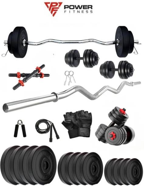 POWER FITNESS 30KG PVC Weight Set with Dumbbell Rods, 3ft curl Rod & Acc Gym Fitness Fitness Accessory Kit Kit