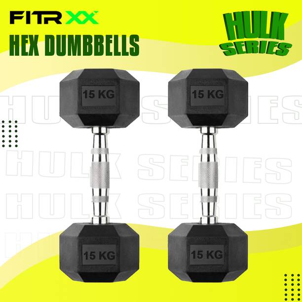 FITRXX Hex Rubber Coated Professional Exercise Gym Dumbbell Hulk Series 15kg pair Fixed Weight Dumbbell