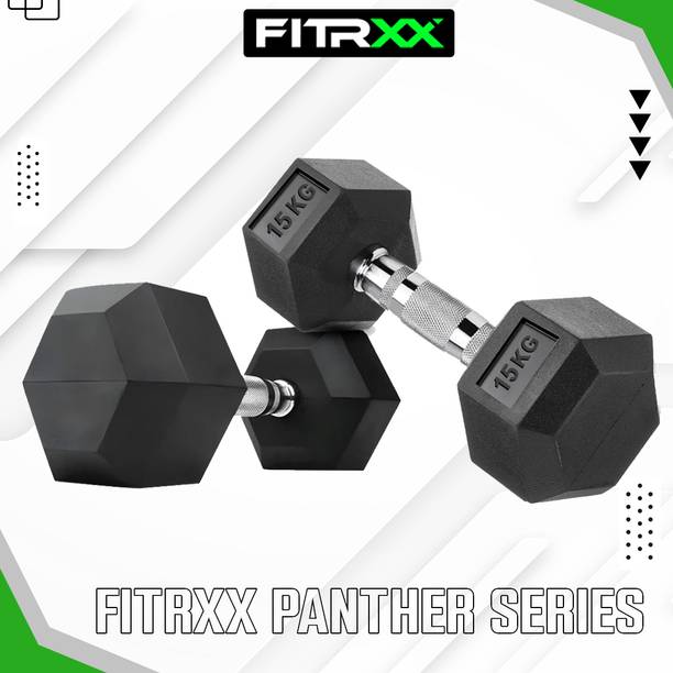 FITRXX HEXA DUMBBELL |STEEL IRON RUBBER COATED 15 KG PAIR Fixed Weight Dumbbell