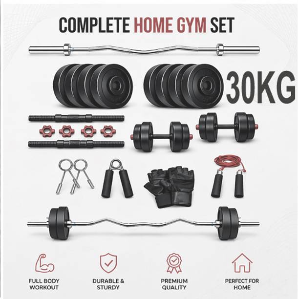 DCS Pro SPORTS & FITNESS 30kg Home Gym Dumbbell Set + 3ft BARBELL & Fitness Accessories Adjustable Dumbbell