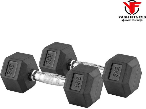 yash fitness Rubber Coated Hexa Dumbbell Set For Men & Women 5 Kg Pair Fixed Weight Dumbbell