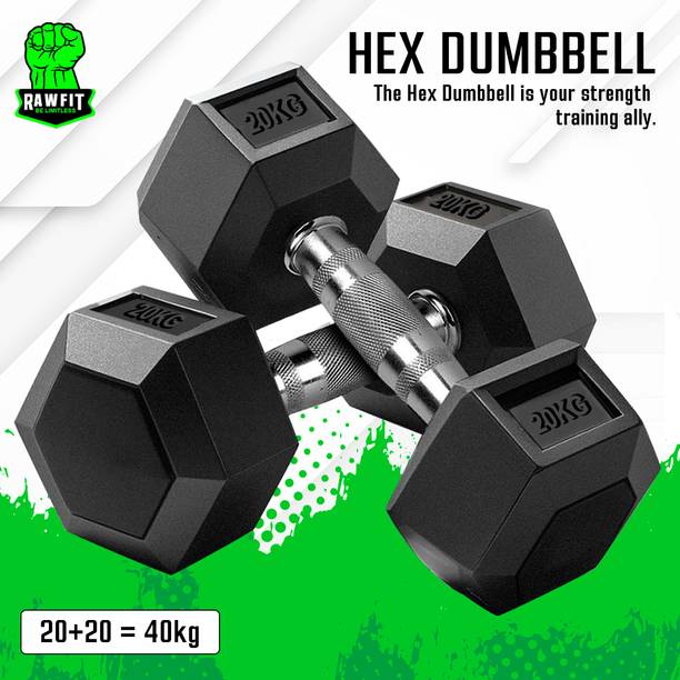 RAWFIT Rubber Coated Hexa Dumbbell Set For Men & Women| 20 KG Pair Fixed Weight Dumbbell