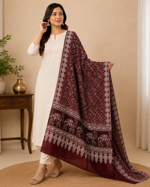 Rayon Printed Maroon Women Dupatta