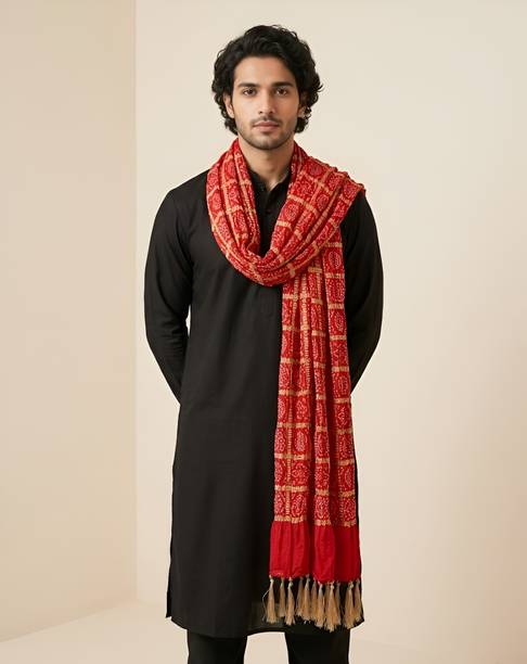 MUFFLY Poly Crepe Printed, Striped Red Men Dupatta