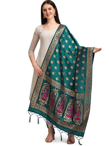 Art Silk Woven Green Women Dupatta