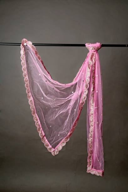 Net Embroidered Pink Women Dupatta