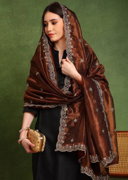 Net Embroidered Brown Women Dupatta