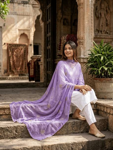 Crepe Chiffon Embroidered Light Blue Women Dupatta
