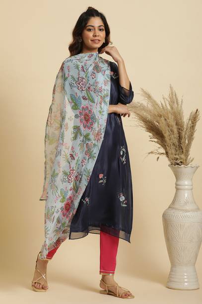 Polyester Floral Print Blue Women Dupatta
