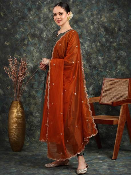 Net Embroidered Orange Women Dupatta