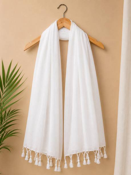 Cotton Blend Solid White Women Dupatta