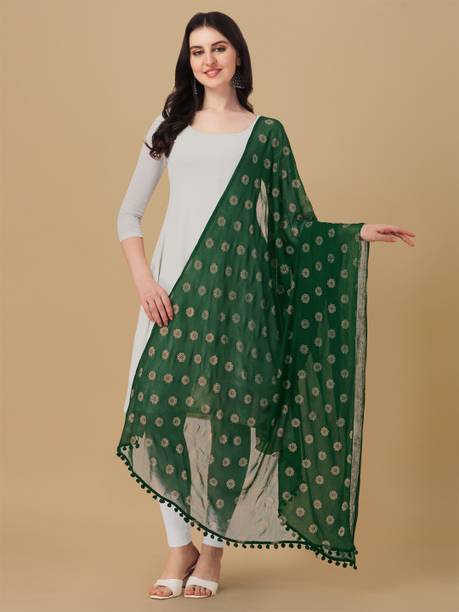 Chiffon, Cotton Blend Embellished, Printed, Floral Print, Woven Green Women Dupatta