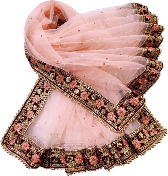 Net Embroidered Peach Women Dupatta