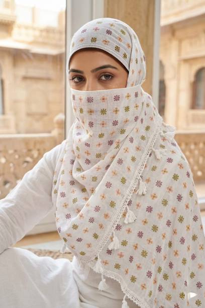 Pure Cotton Floral Print White Women Dupatta