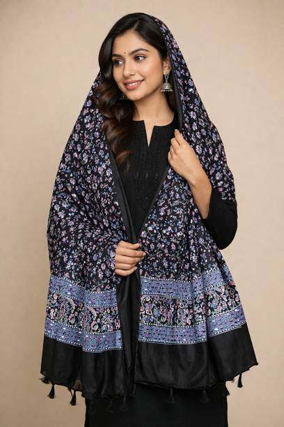 Cotton Blend Floral Print Black Women Dupatta