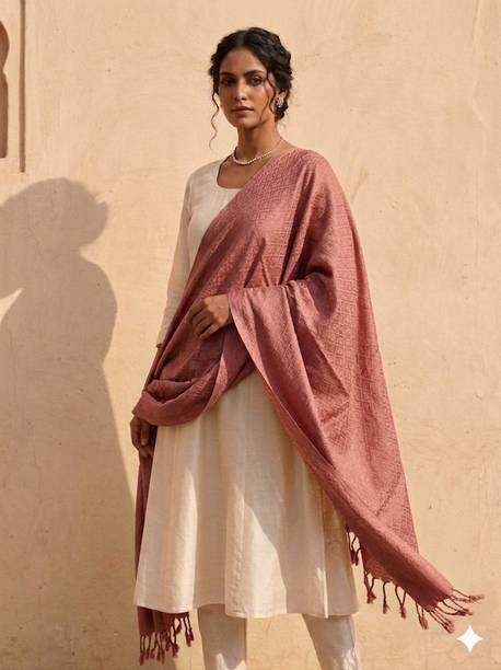 Satin Blend Woven Peach Women Dupatta