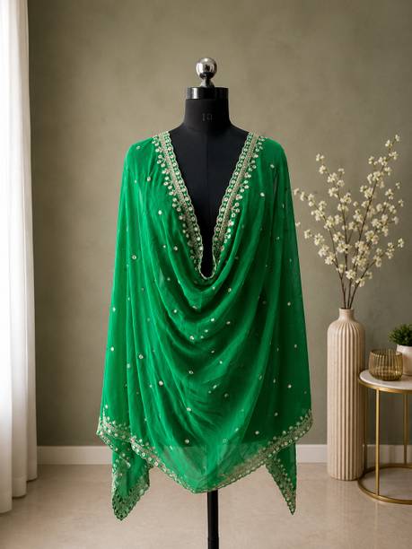 Nylon Embroidered Green Women Dupatta