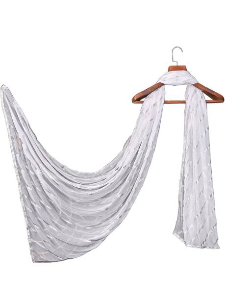 Chiffon Floral Print, Embellished White, Silver Women Dupatta