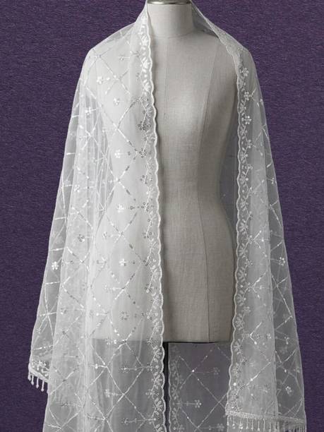 Net Embroidered White Women Dupatta