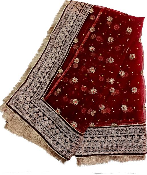 ASHA CHUNRI HOUSE Net Embroidered Maroon, Multicolor Women Dupatt
