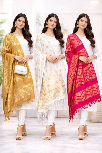 Jacquard Woven Pink, Gold, White Women Dupatta