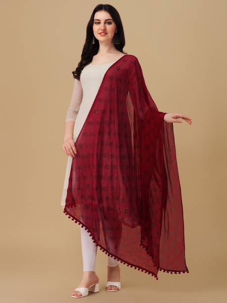 Chiffon, Cotton Blend Embellished, Printed, Floral Print, Woven Maroon Women Dupatta
