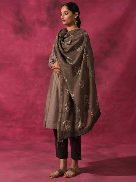 Cotton Blend Floral Print Brown Women Dupatta