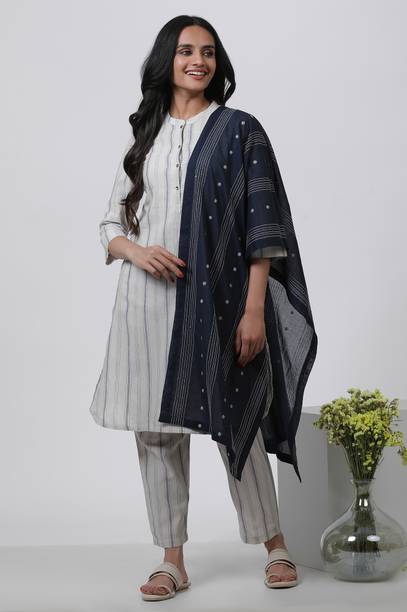 Cotton Blend Striped Blue Women Dupatta