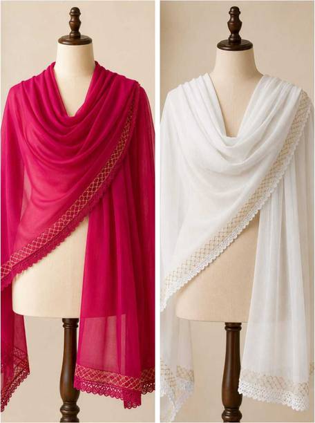 Chiffon Embroidered Pink, White Women Dupatta