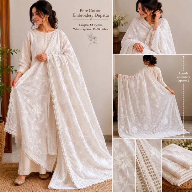 Pure Cotton Embroidered White Women Dupatta