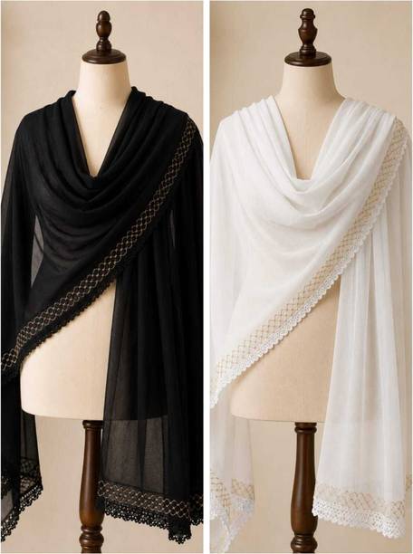 Chiffon Embroidered Black, White Women Dupatta