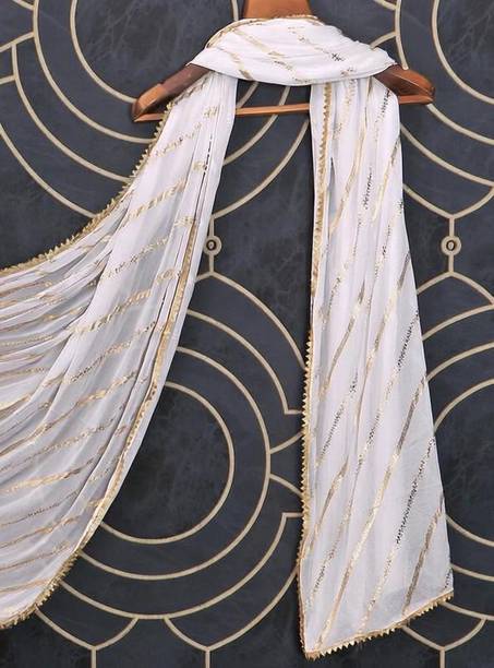 Chiffon Floral Print White, Gold Women Dupatta