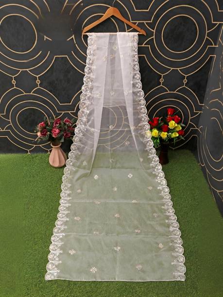 Organza Embroidered White Women Dupatta
