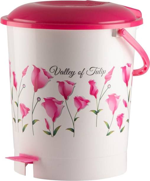 Heart Home Floral Printed Plastic Pedal Dustbin For Home With Handle, 10 Litre (Pink) डस्टबिन