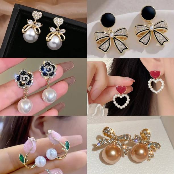 Stylish Pearl Bow Heart Floral Stud Earrings Combo Set for Women Pearl Alloy Jhumki Earring