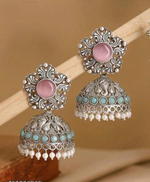 Handcrafted Antique Oxidised silver pearl Jhumkas with stone & beads earrings Pearl Alloy Jhumki Earring